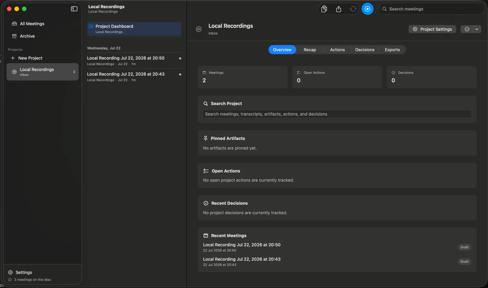Vemoir project dashboard showing local recordings, overview, actions, decisions and recent meetings