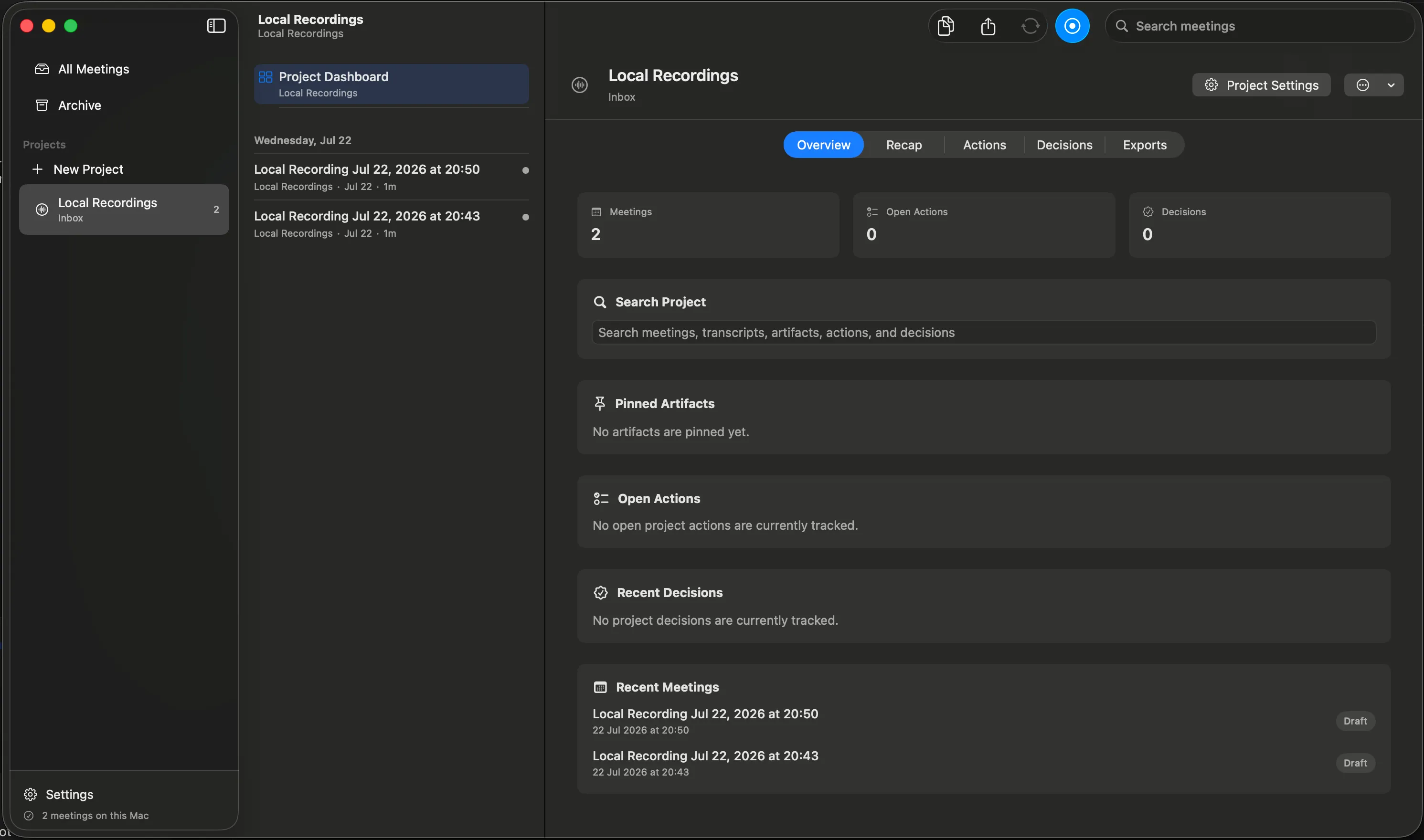 Vemoir project dashboard showing local recordings, overview, actions, decisions and recent meetings